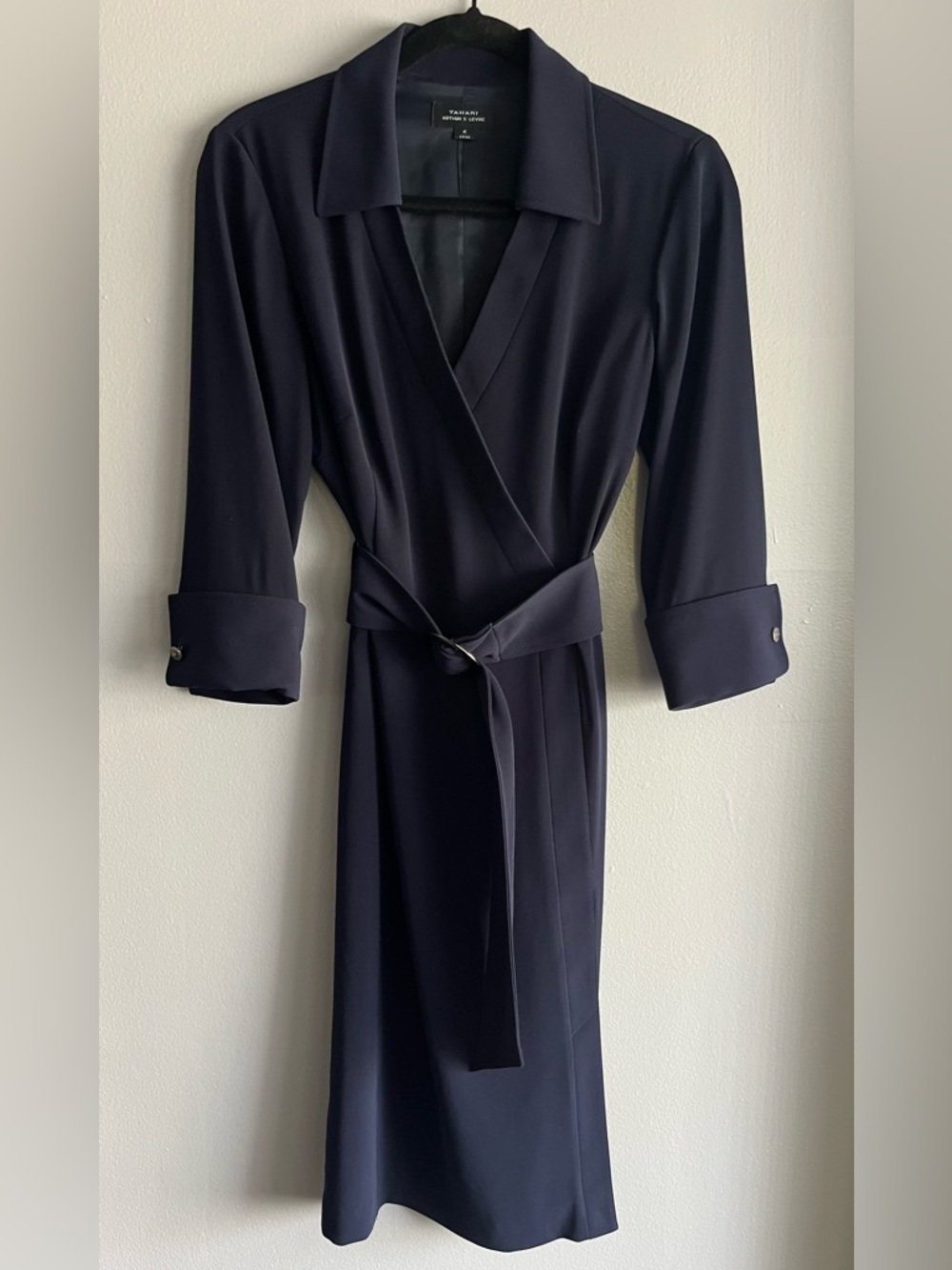 Tahari Navy Collared Wrap Midi Dress With Adjustable Belt